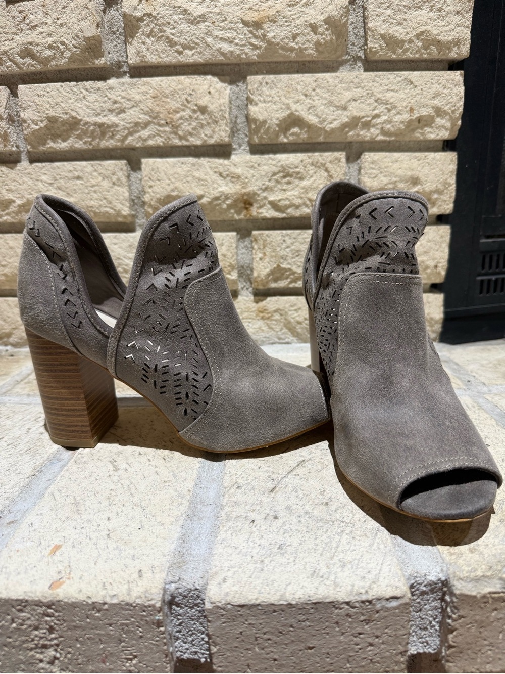 Fergalicious Gray Tan Suede Peep-Toe Cutout Ankle Booties